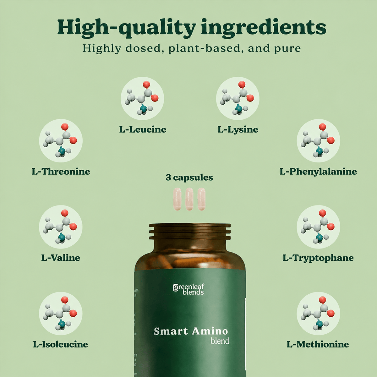 Greenleaf ingredient graphic showing the eight amino acids